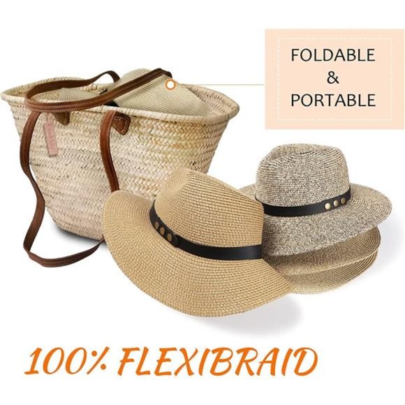 Women\'s Wide Brim Panama Straw Sun Hat Foldable Summer Flat Hats Belt Fedora